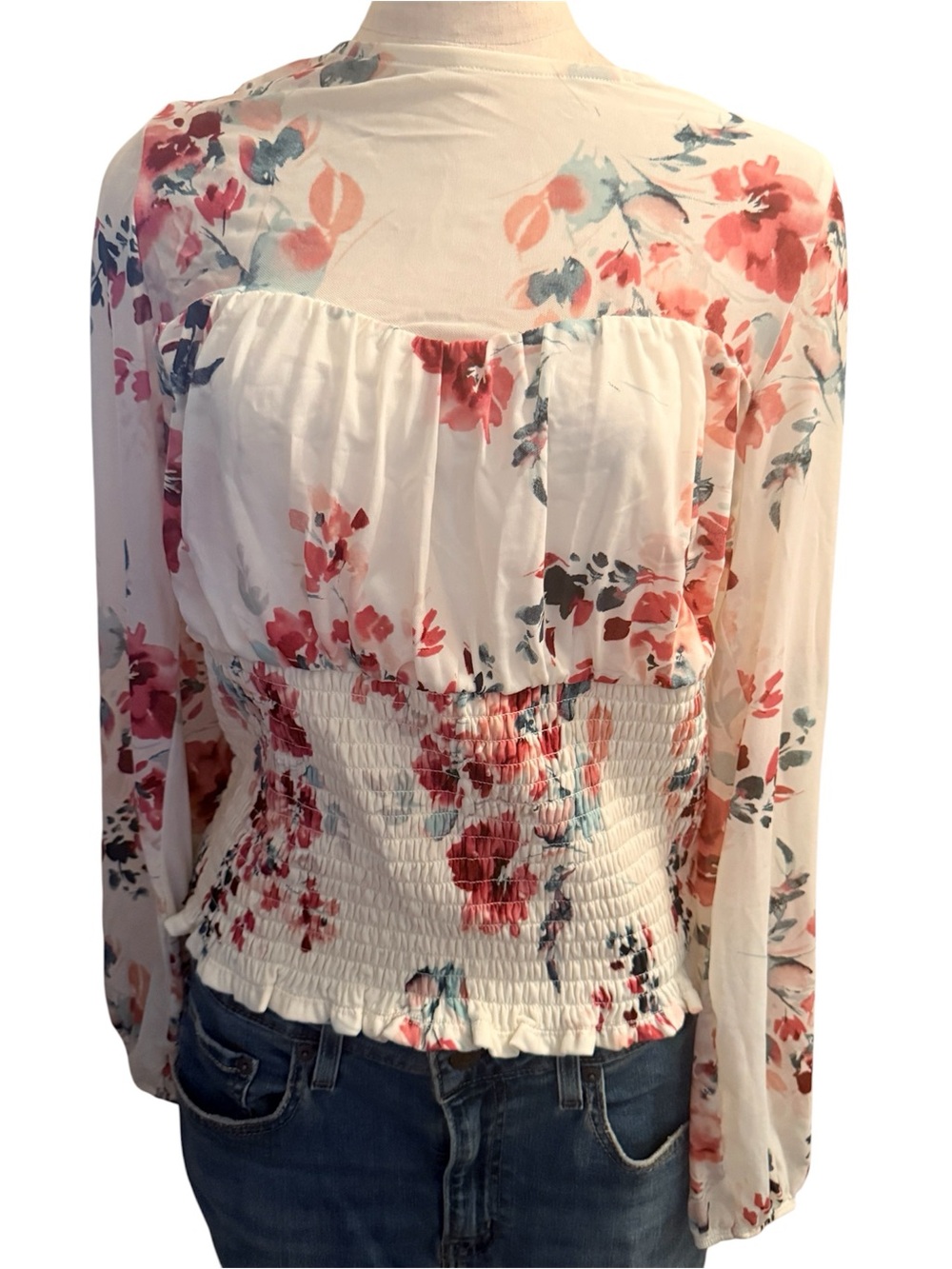 torrid White Floral Smocked Peasant Blouse with Pink & Blue Flowers